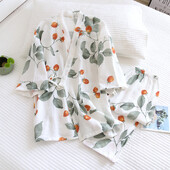 Jarné/letné japonské kimono pyžamo pre ženy, 100 % bavlnené krepové pyžamo, dvojdielne nohavice s trojštvrťovými rukávmi, spoločenské oblečenie 2021
