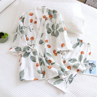 Jarné/letné japonské kimono pyžamo pre ženy, 100 % bavlnené krepové pyžamo, dvojdielne nohavice s trojštvrťovými rukávmi, spoločenské oblečenie 2021