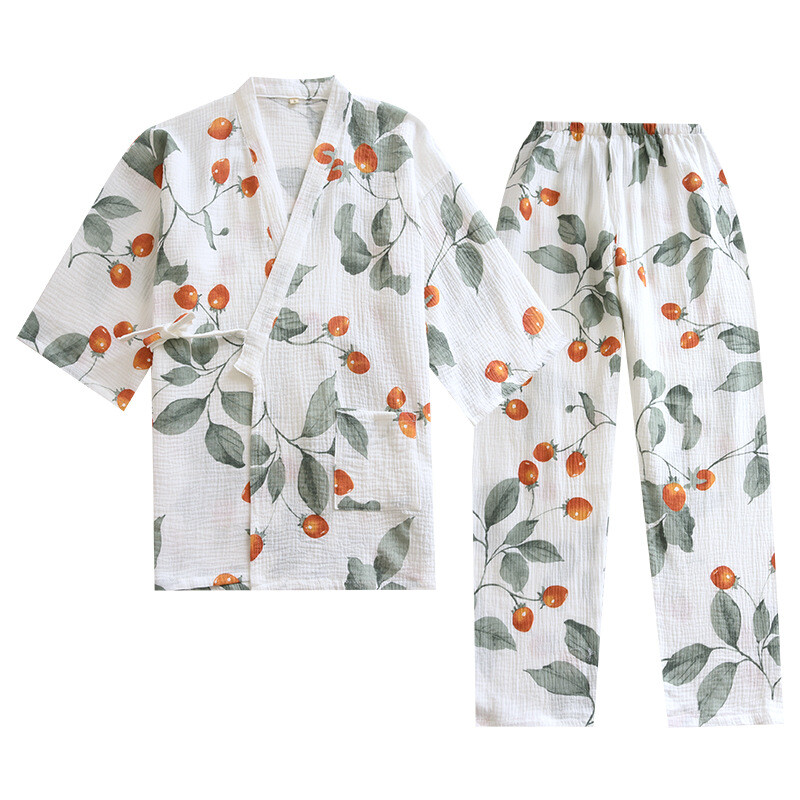 Jarné/letné japonské kimono pyžamo pre ženy, 100 % bavlnené krepové pyžamo, dvojdielne nohavice s trojštvrťovými rukávmi, spoločenské oblečenie 2021