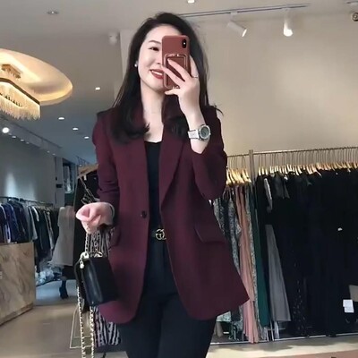 Módne saká, dámske ležérne, jednofarebné, kancelárske, vintage, s klopou, Harajuku, jednoduché, elegantné, vínovo červené
