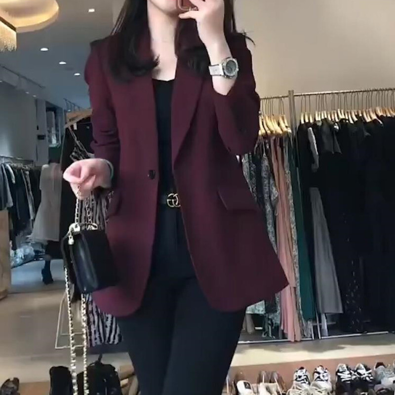 Módne saká, dámske ležérne, jednofarebné, kancelárske, vintage, s klopou, Harajuku, jednoduché, elegantné, vínovo červené