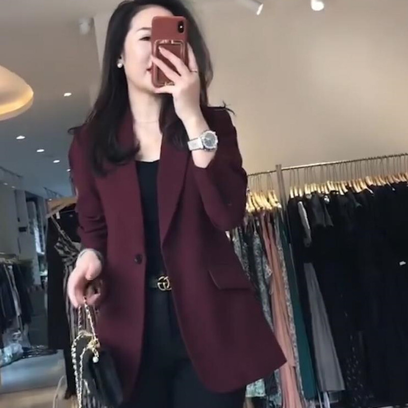 Módne saká, dámske ležérne, jednofarebné, kancelárske, vintage, s klopou, Harajuku, jednoduché, elegantné, vínovo červené