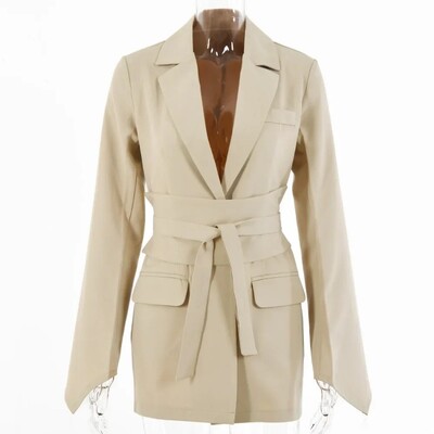 Biuro moteriška švarka suknelė Moteriški kostiumai su diržu Viršutiniai drabužiai Moteriški švarkai ilgomis rankovėmis Elegantiška balta juoda striukė moteriška