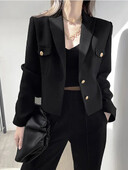 Zoki Ležerni crni blejzer kaputi Ženske modne uske dugih rukava, elegantne kratke jakne, jesenske korejske majice s duplim gumbima, uredske ženske majice