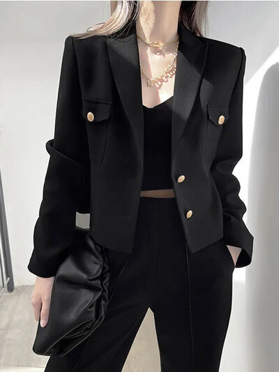 Zoki Ležerni crni blejzer kaputi Ženske modne uske dugih rukava, elegantne kratke jakne, jesenske korejske majice s duplim gumbima, uredske ženske majice