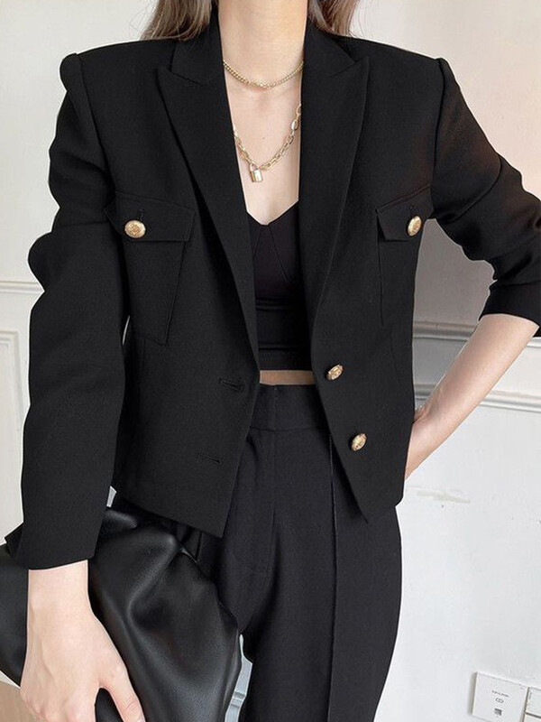 Zoki Ležerni crni blejzer kaputi Ženske modne uske dugih rukava, elegantne kratke jakne, jesenske korejske majice s duplim gumbima, uredske ženske majice