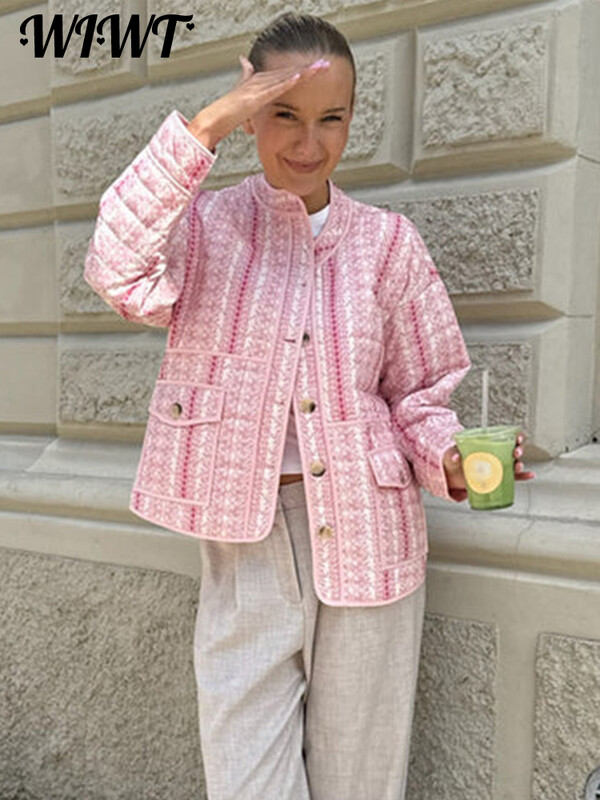 Mantouri matlasate cu imprimeu mozaic, femei, largi, cu gâtul O, jachetă cu un singur piept, cu buzunar, 2024, toamnă iarnă, noua damă, topuri casual