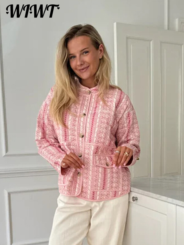 Mantouri matlasate cu imprimeu mozaic, femei, largi, cu gâtul O, jachetă cu un singur piept, cu buzunar, 2024, toamnă iarnă, noua damă, topuri casual