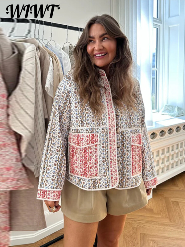 Mantouri matlasate cu imprimeu mozaic, femei, largi, cu gâtul O, jachetă cu un singur piept, cu buzunar, 2024, toamnă iarnă, noua damă, topuri casual