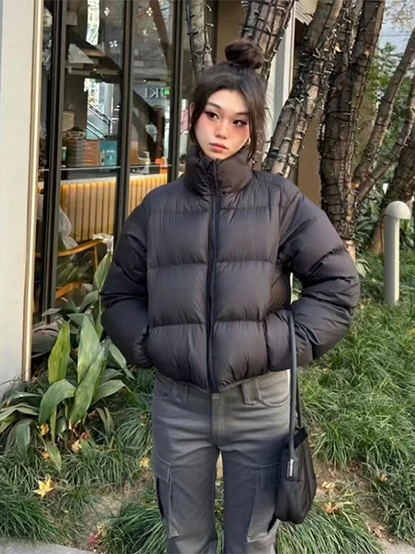 Jachetă de iarnă din bumbac pentru femei Parka scurtă cu fermoar larg Jachetă caldă pentru femei Top solid gros rezistent la vânt Streetwear 2024 nou