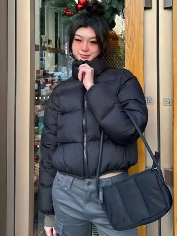 Jachetă de iarnă din bumbac pentru femei Parka scurtă cu fermoar larg Jachetă caldă pentru femei Top solid gros rezistent la vânt Streetwear 2024 nou