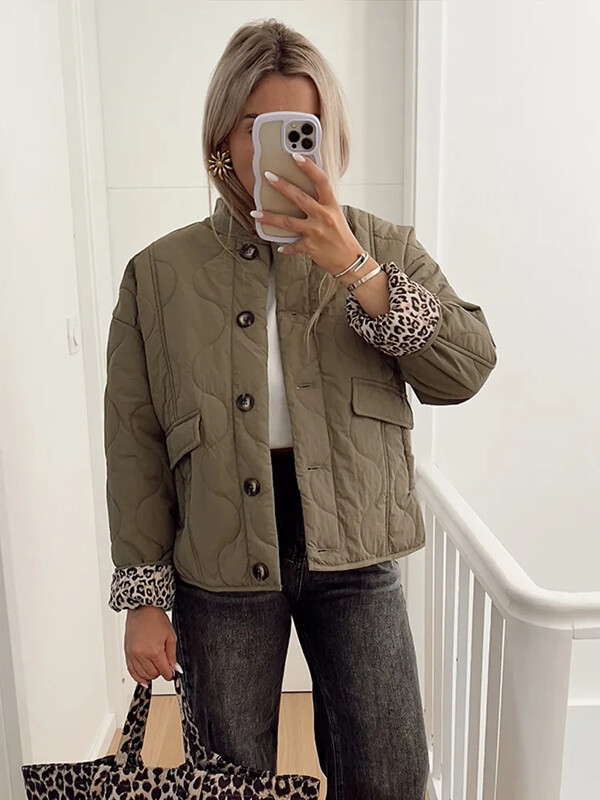 Módna slim fit prešívaná zimná teplá bunda pre ženy, okrúhly výstrih, prešívaná bomber bunda, Y2k krátky teplý kabát, vrchné oblečenie s vreckom
