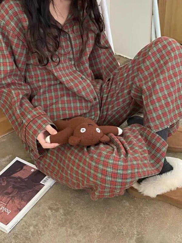 Piros kockás pizsama szettek Női Vintage laza paneles divat Elegáns alkalmi hálóruha Tavaszi koreai stílusú főiskolai lányok Népszerű puha