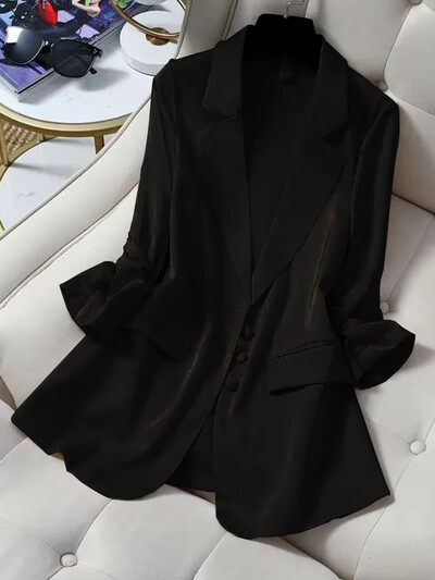 Υπερμεγέθη για 100 κιλά Λεπτά σατέν σακάκια μπουφάν Ανοιξιάτικο κοστούμι με λεπτή φόρμα Εξωτερικά ενδύματα Παλτό γραφείου Trend Blazers Midi Length Abrigos