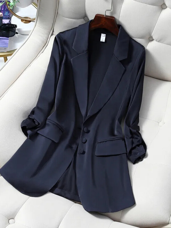 Υπερμεγέθη για 100 κιλά Λεπτά σατέν σακάκια μπουφάν Ανοιξιάτικο κοστούμι με λεπτή φόρμα Εξωτερικά ενδύματα Παλτό γραφείου Trend Blazers Midi Length Abrigos