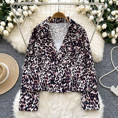 Elegáns lehajtható gallér Vintage hosszú ujjú elegáns leopárdmintás bő kétgombos öltöny francia utcai ruházat High Street őszi felső