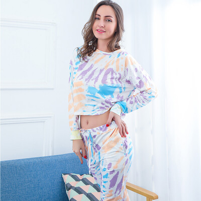 Moterų pižamos rudens ir žiemos naujo stiliaus, atviros bambos sporto tendencijos namų apranga Tie dažai namų drabužių rinkinys moterims