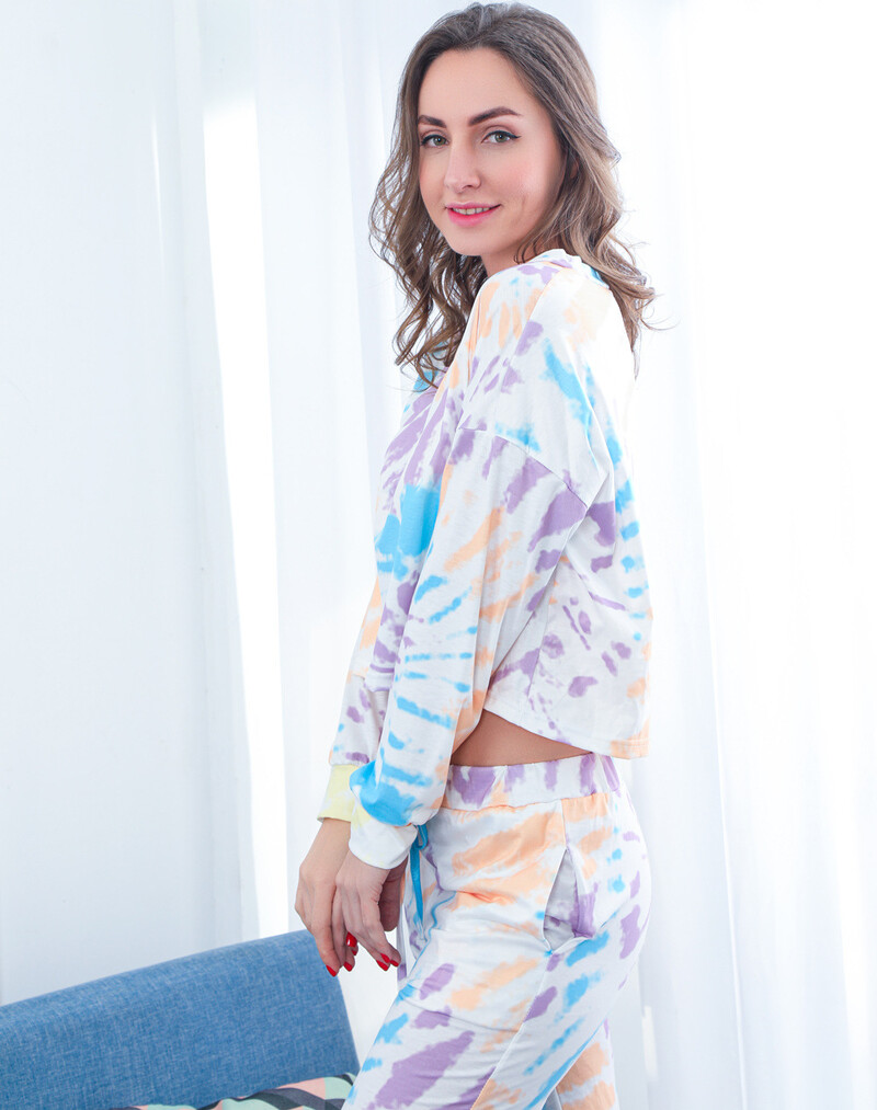 Moterų pižamos rudens ir žiemos naujo stiliaus, atviros bambos sporto tendencijos namų apranga Tie dažai namų drabužių rinkinys moterims