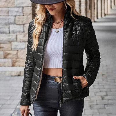 Voľné ľahké prešívané krátke páperové kabáty s dlhým rukávom a stojatým golierom, dámske bundy, zimné 2024, streetwear