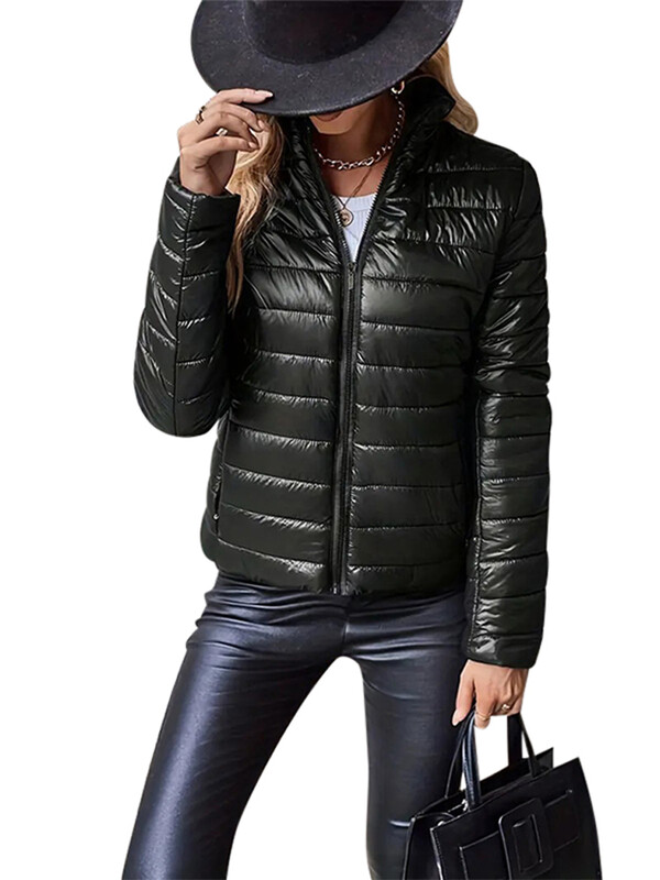 Voľné ľahké prešívané krátke páperové kabáty s dlhým rukávom a stojatým golierom, dámske bundy, zimné 2024, streetwear