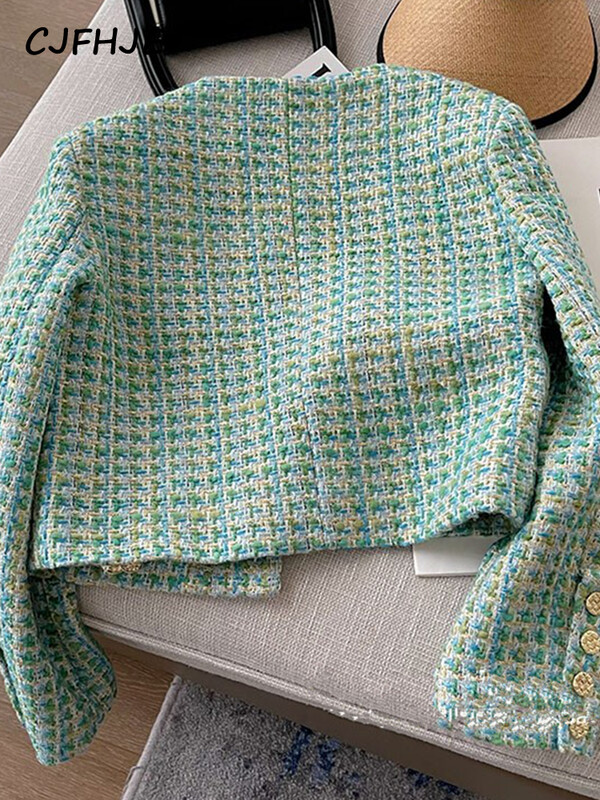 CJFHJE elegantiškas prabangus žalias languotas tvido striukė Moteriškas prancūziškas vintažinis naujas pavasario rudens laisvalaikio švarkas High Street trumpas kostiumas
