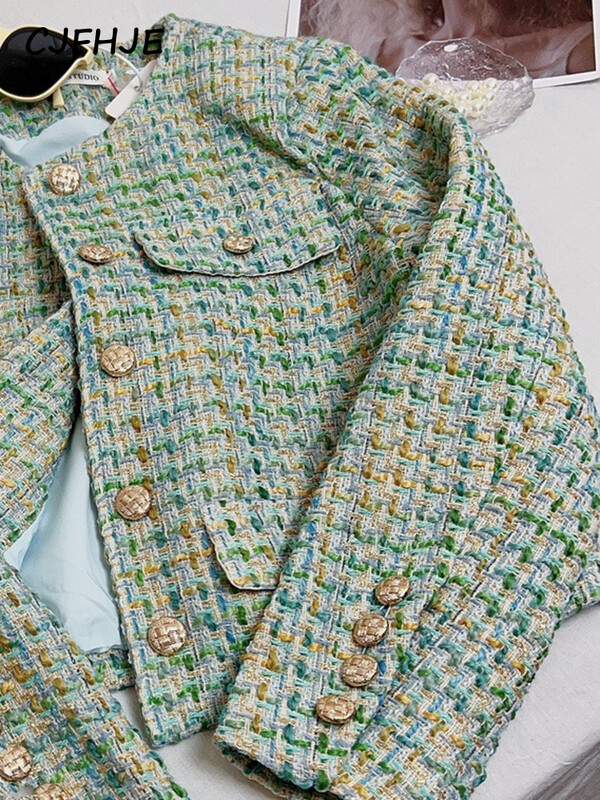 CJFHJE elegantiškas prabangus žalias languotas tvido striukė Moteriškas prancūziškas vintažinis naujas pavasario rudens laisvalaikio švarkas High Street trumpas kostiumas