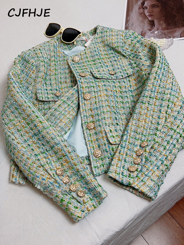 CJFHJE elegantiškas prabangus žalias languotas tvido striukė Moteriškas prancūziškas vintažinis naujas pavasario rudens laisvalaikio švarkas High Street trumpas kostiumas