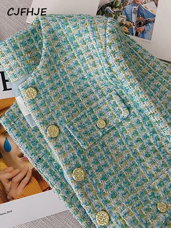 CJFHJE elegantiškas prabangus žalias languotas tvido striukė Moteriškas prancūziškas vintažinis naujas pavasario rudens laisvalaikio švarkas High Street trumpas kostiumas