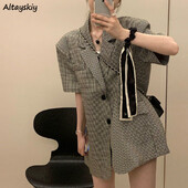 Sieviešu bleizeri ar īsām piedurknēm korejiešu stila vasaras ikdienas rūtains rūts Vispārīgs Basic Loose New Temper Ins Hot Street Женские Ulzzang Chic