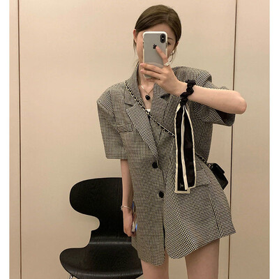 Sieviešu bleizeri ar īsām piedurknēm korejiešu stila vasaras ikdienas rūtains rūts Vispārīgs Basic Loose New Temper Ins Hot Street Женские Ulzzang Chic
