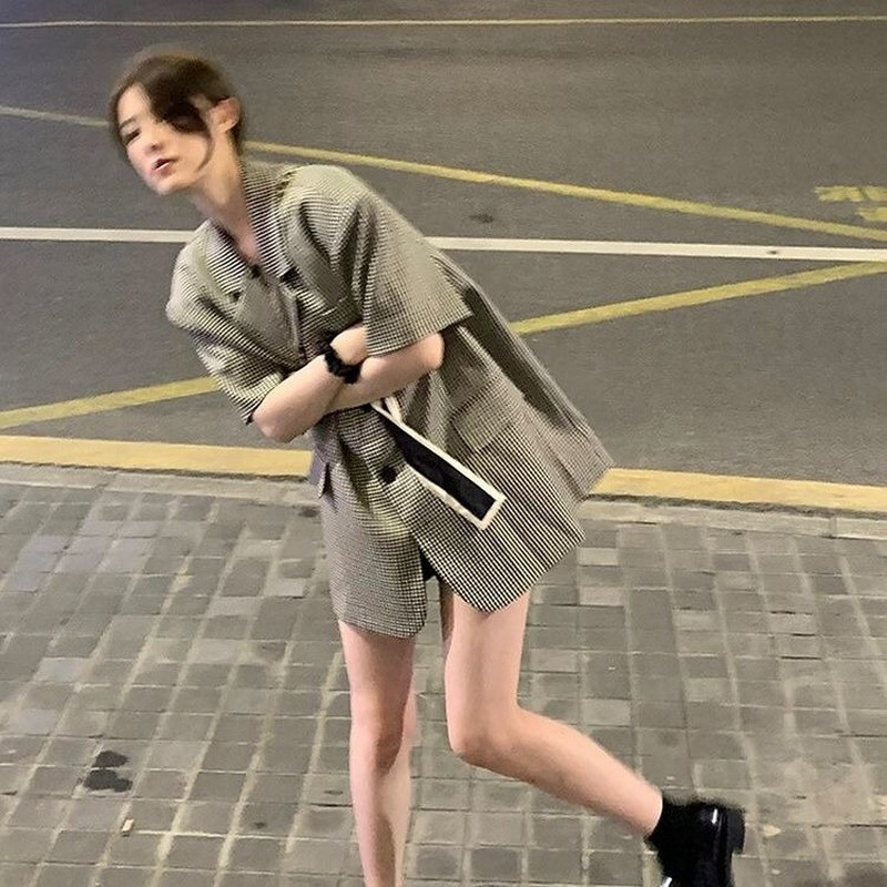 Rövid ujjú blézerek női koreai stílusú nyári lezser kockás, minden meccsen Basic Laza New Temper Ins Hot Street Женские Ulzzang Chic