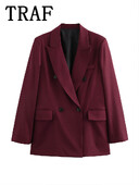 TRAF Бордо Блейзър Жена 2024 Есен Дамски блейзъри Двуредни връхни дрехи с дълъг ръкав Офис облекло Дамски модни блейзъри
