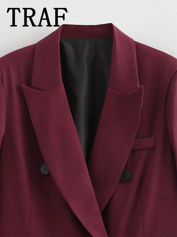 TRAF Бордо Блейзър Жена 2024 Есен Дамски блейзъри Двуредни връхни дрехи с дълъг ръкав Офис облекло Дамски модни блейзъри
