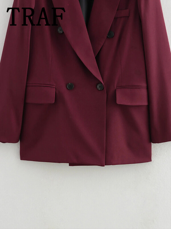 TRAF Бордо Блейзър Жена 2024 Есен Дамски блейзъри Двуредни връхни дрехи с дълъг ръкав Офис облекло Дамски модни блейзъри