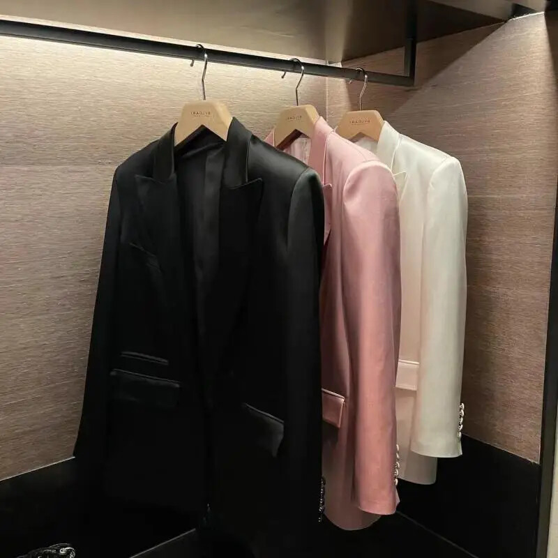 Kiváló minőségű fehér kis öltöny dzseki nőknek 2024 tavaszi új acetát sag szatén divatos öltöny társasági női ruhákhoz