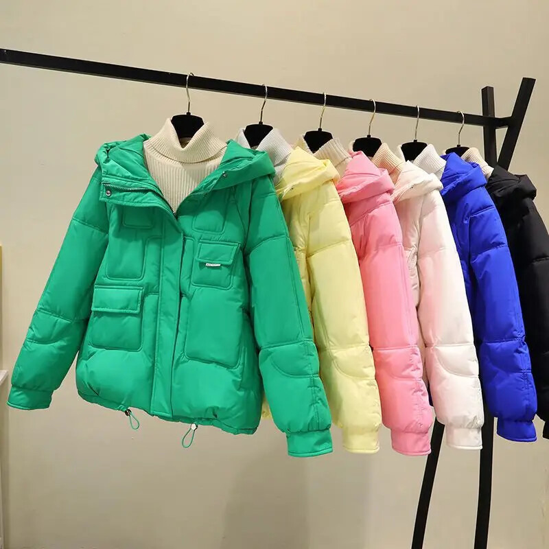 Ženski zimski pamučni kaput s kapuljačom, svestrana široka skraćena podstavljena jakna, gornja odjeća od pamučnog kaputa male veličine