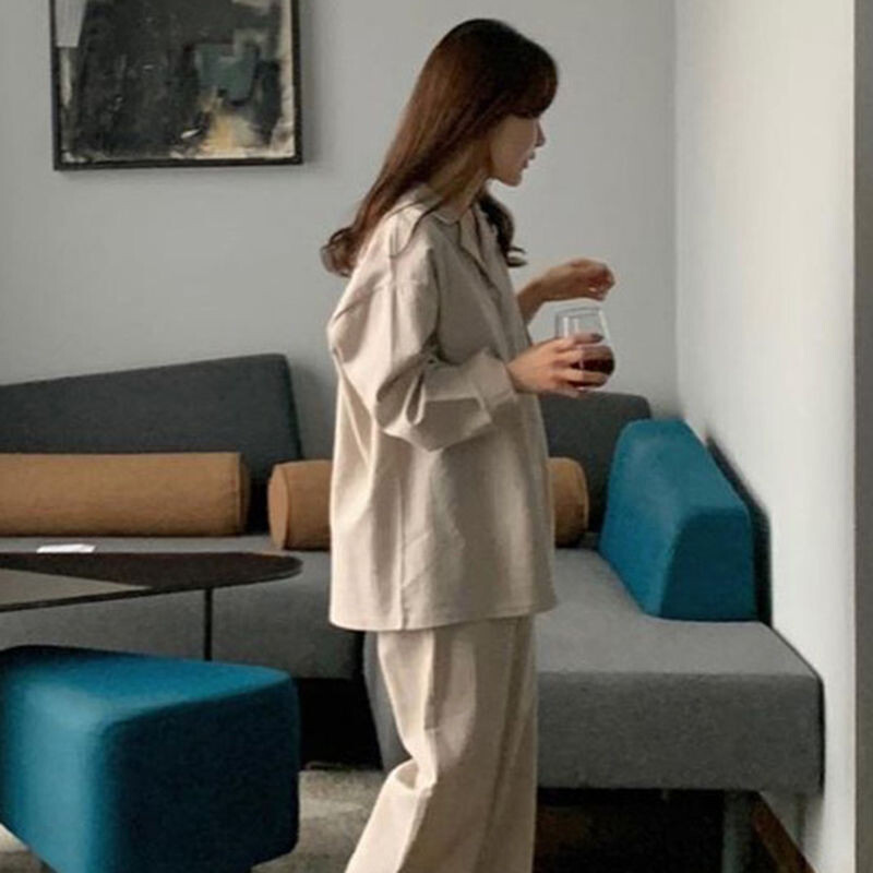 Ριγέ Πυζά Γυναικεία Σετ Πυτζάμες Κορεατικά Piiama Casual Night Wears Φθινοπωρινά Παντελόνια Σετ 2 τεμαχίων με κουμπιά μακρυμάνικο σπιτικό κοστούμι Νέο