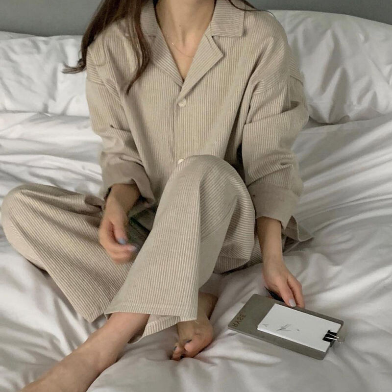 Ριγέ Πυζά Γυναικεία Σετ Πυτζάμες Κορεατικά Piiama Casual Night Wears Φθινοπωρινά Παντελόνια Σετ 2 τεμαχίων με κουμπιά μακρυμάνικο σπιτικό κοστούμι Νέο