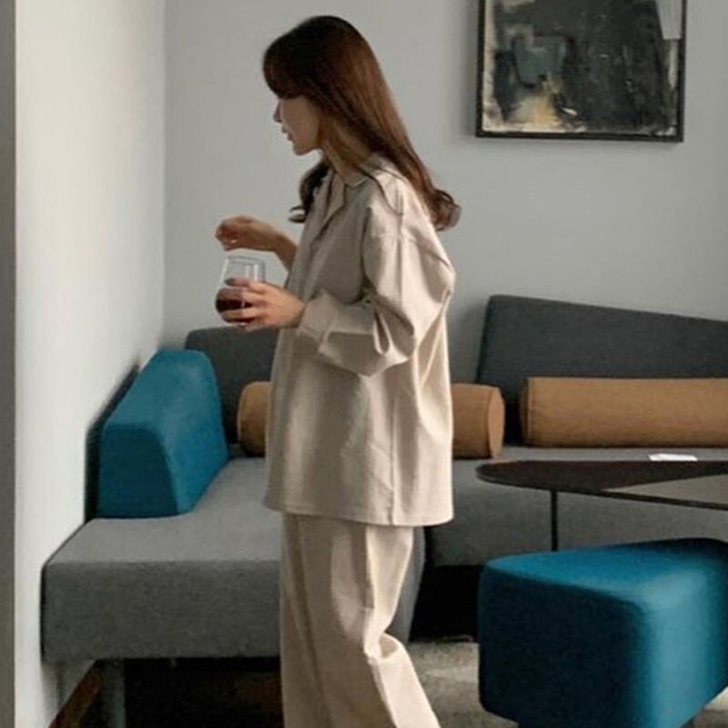 Ριγέ Πυζά Γυναικεία Σετ Πυτζάμες Κορεατικά Piiama Casual Night Wears Φθινοπωρινά Παντελόνια Σετ 2 τεμαχίων με κουμπιά μακρυμάνικο σπιτικό κοστούμι Νέο