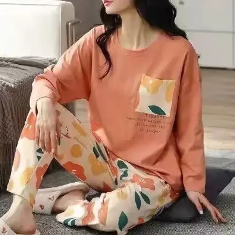 Rudens moteriškos pižamos poilsio drabužių rinkinys ilgomis rankovėmis O formos iškirpte, gėlių miegui Laisvas, patogus spausdinimas, kvėpuojantis namų pižamos
