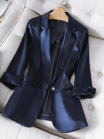 Υψηλής ποιότητας Satin Office Lady Loose Blazer Jacket Women 2022 Φθινόπωρο με τρία τέταρτα μανίκια Μασίφ casual blazers Γυναικείο παλτό