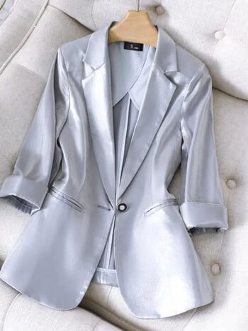 Υψηλής ποιότητας Satin Office Lady Loose Blazer Jacket Women 2022 Φθινόπωρο με τρία τέταρτα μανίκια Μασίφ casual blazers Γυναικείο παλτό