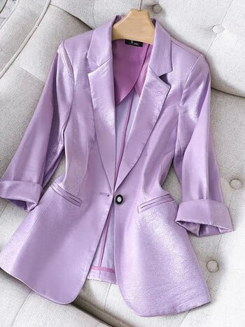 Υψηλής ποιότητας Satin Office Lady Loose Blazer Jacket Women 2022 Φθινόπωρο με τρία τέταρτα μανίκια Μασίφ casual blazers Γυναικείο παλτό