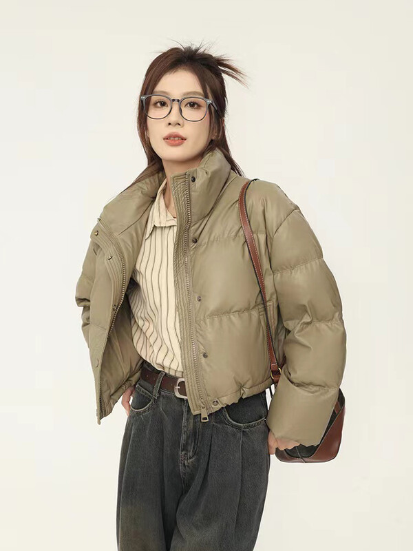 Zimné teplé krátke parky pre ženy Y2K módne pu kožené prešívané bundy s dlhým rukávom a zipsom