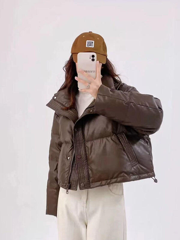 Zimné teplé krátke parky pre ženy Y2K módne pu kožené prešívané bundy s dlhým rukávom a zipsom