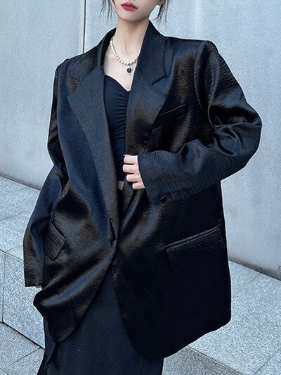 EAM női ezüst nagy méretű fényes szenzációs blézer új hajtóka hosszú ujjú bő kabát divatos dagály tavaszi ősz 2024 31A0901