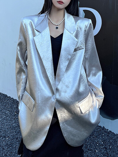 EAM női ezüst nagy méretű fényes szenzációs blézer új hajtóka hosszú ujjú bő kabát divatos dagály tavaszi ősz 2024 31A0901