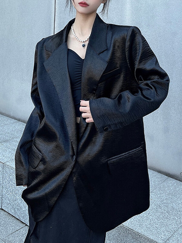 EAM női ezüst nagy méretű fényes szenzációs blézer új hajtóka hosszú ujjú bő kabát divatos dagály tavaszi ősz 2024 31A0901