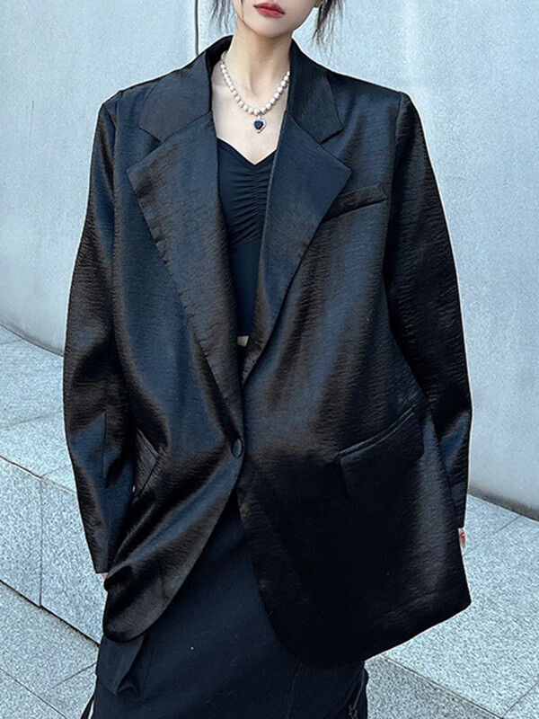 EAM női ezüst nagy méretű fényes szenzációs blézer új hajtóka hosszú ujjú bő kabát divatos dagály tavaszi ősz 2024 31A0901