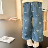 Детско облекло 2024 есен Нови широки дънки с корейски лък Модерни момичета Сладки дрехи Дрехи за тийнейджърки